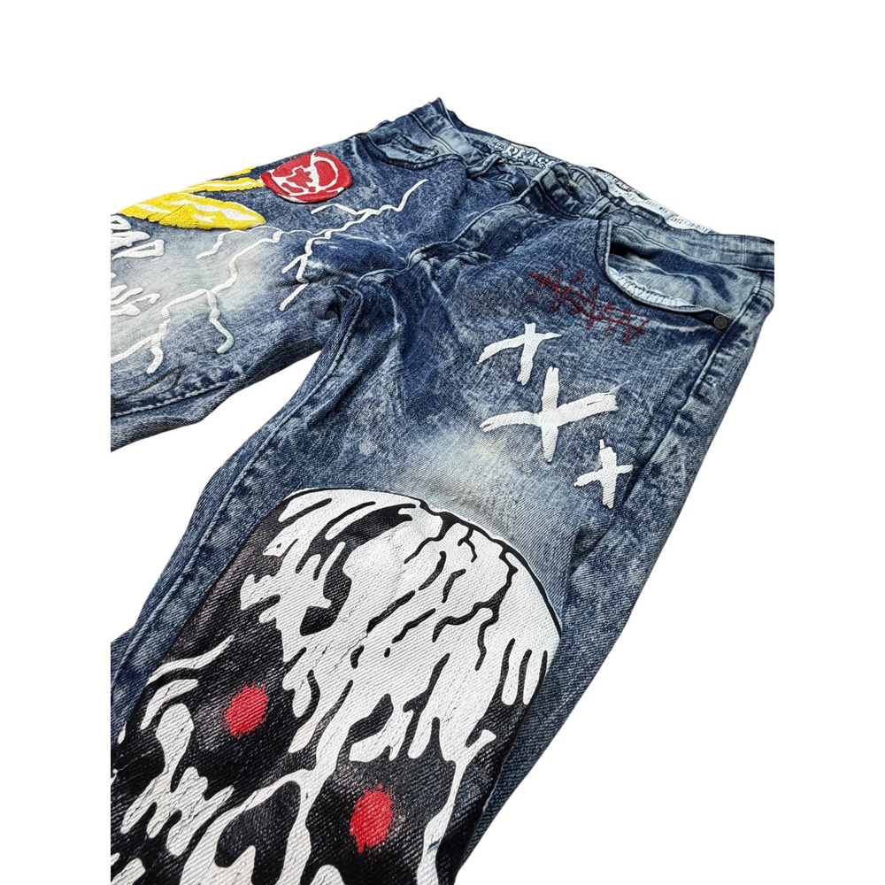 Reason Brand Mens Acid Wash Graphic Jeans Skull Distressed Blue Denim Size 30x30